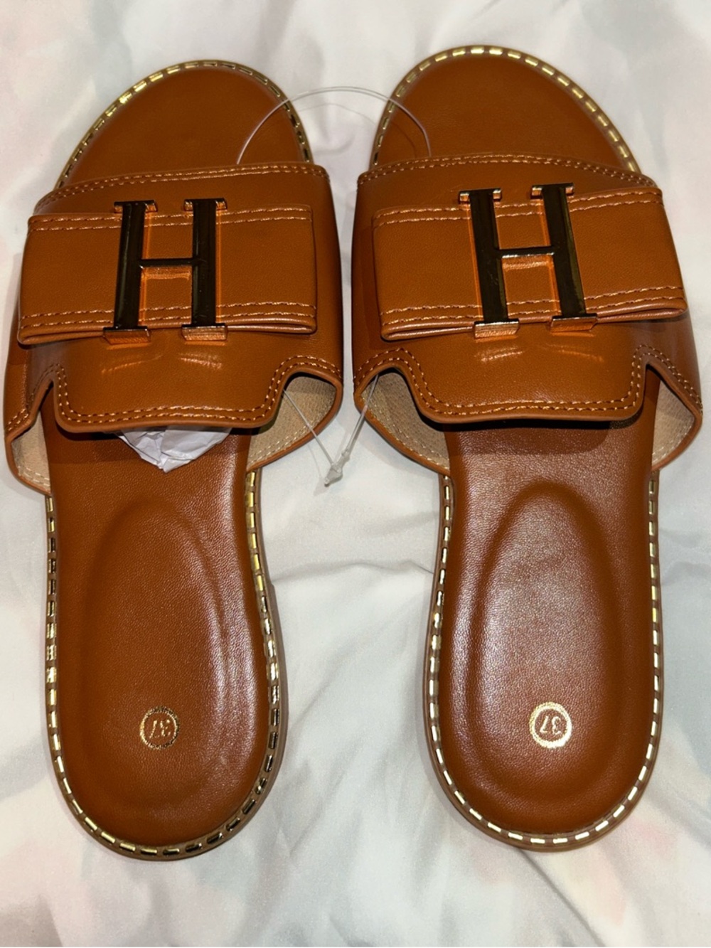 Brown Leather Slide Sandals with H Accent
